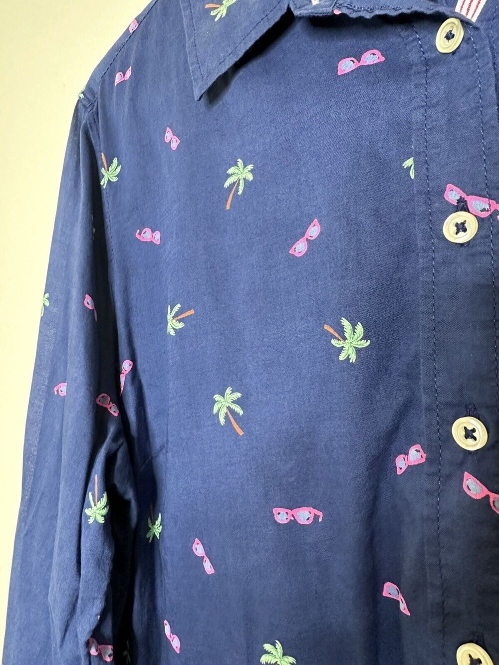 Talbots Navy Blue Semi Sheer Button Up Top Size XLP Petite Sunglasses Palm Tree
